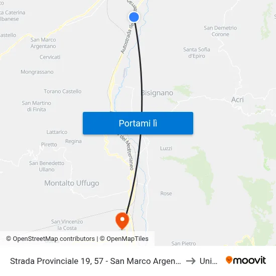 Strada Provinciale 19, 57 - San Marco Argentano to Unical map