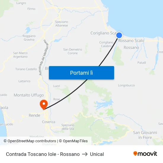 Contrada Toscano Iole - Rossano to Unical map