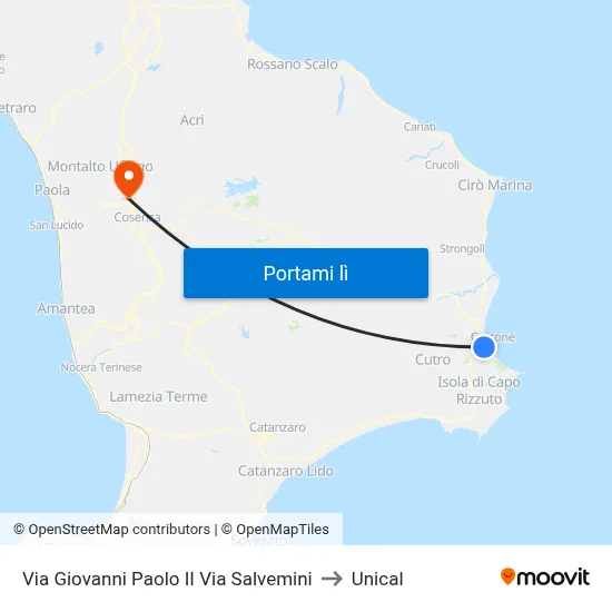 Via Giovanni Paolo II Via Salvemini to Unical map