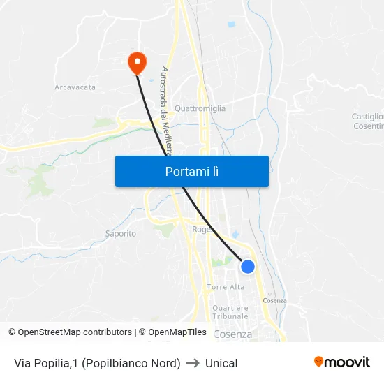 Via Popilia,1 (Popilbianco Nord) to Unical map