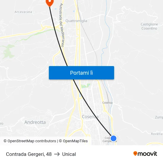 Contrada Gergeri, 48 to Unical map