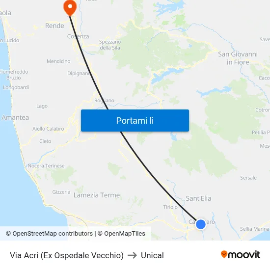 Via Acri (Ex Ospedale Vecchio) to Unical map