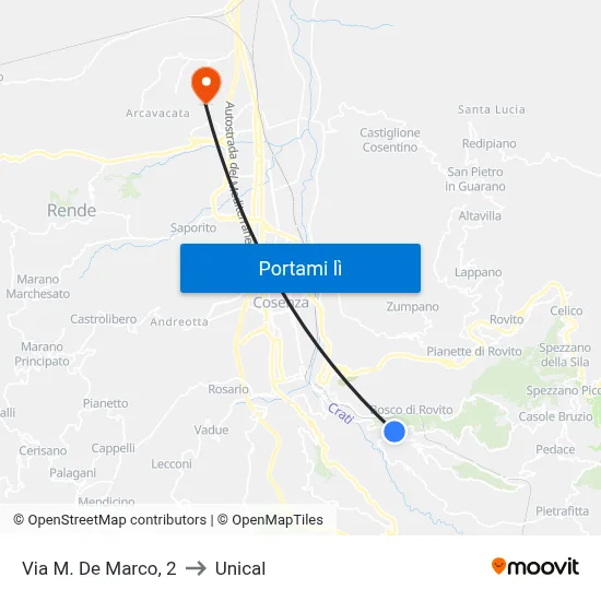 Via M. De Marco, 2 to Unical map