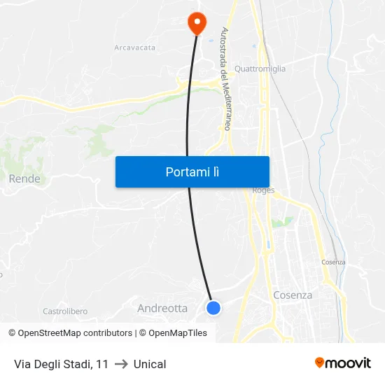 Via Degli Stadi, 11 to Unical map