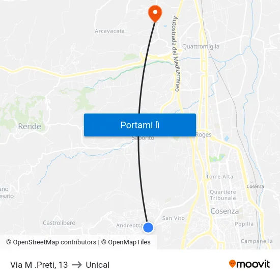 Via M .Preti, 13 to Unical map
