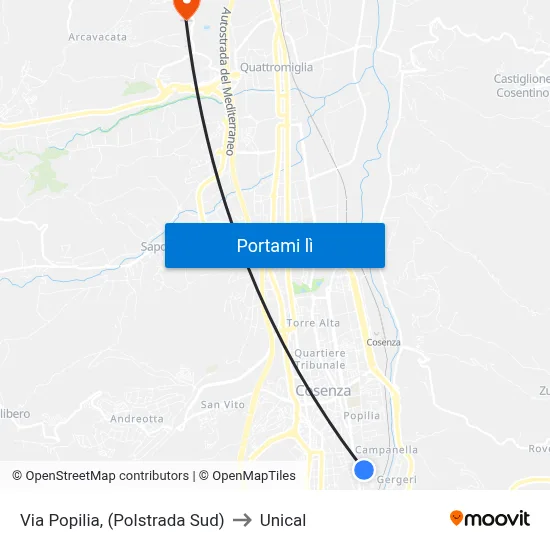 Via Popilia, (Polstrada Sud) to Unical map