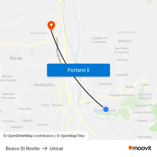 Bosco Di Rovito to Unical map