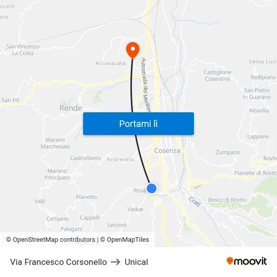 Via Francesco Corsonello to Unical map