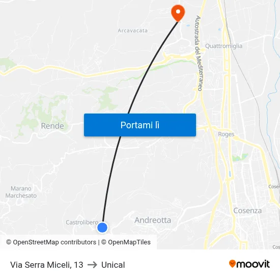 Via Serra Miceli, 13 to Unical map