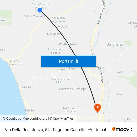 Via Della Resistenza, 54 - Fagnano Castello to Unical map
