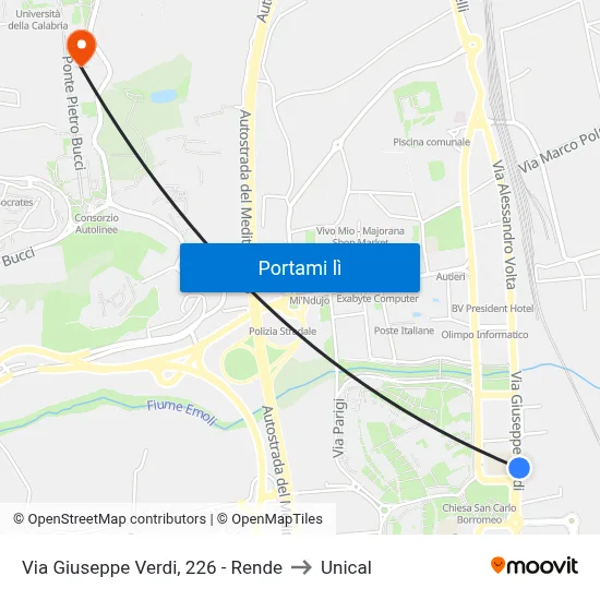Via Giuseppe Verdi, 226 - Rende to Unical map