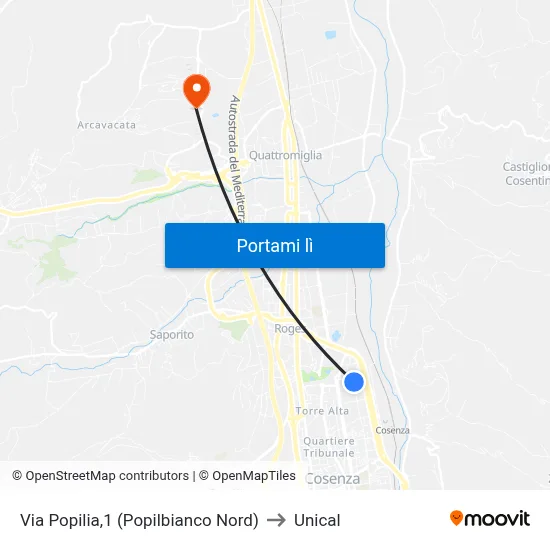 Via Popilia,1 (Popilbianco Nord) to Unical map