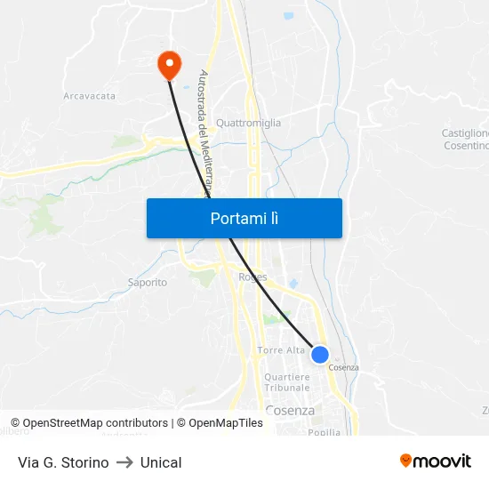 Via G. Storino to Unical map