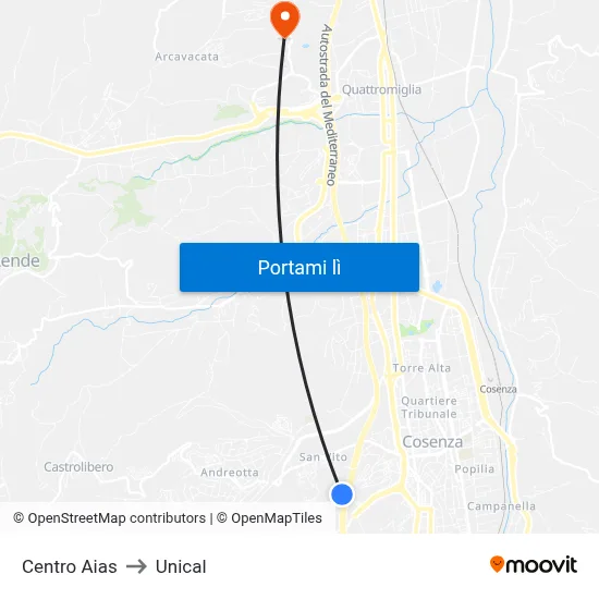 Centro Aias to Unical map