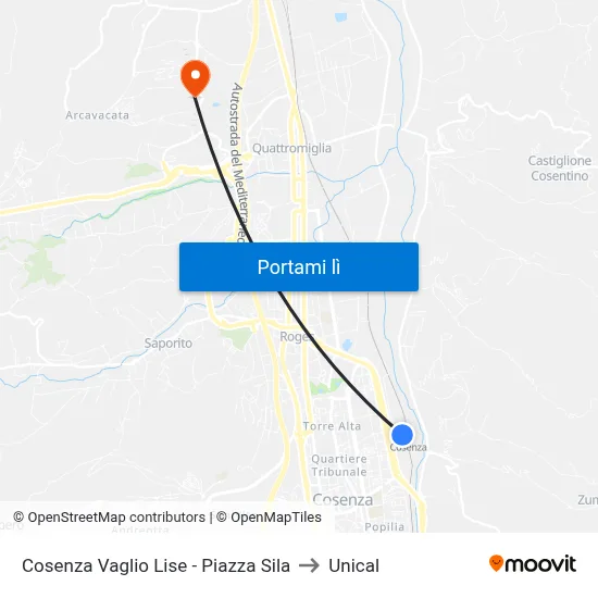 Cosenza Vaglio Lise - Piazza Sila to Unical map