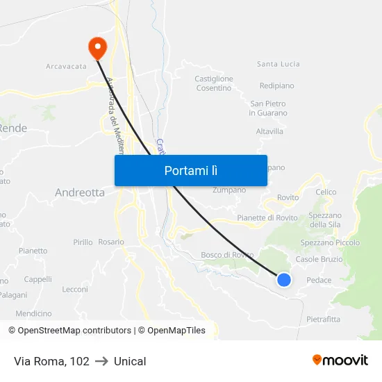 Via Roma, 102 to Unical map