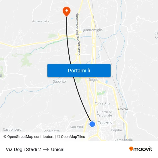 Via Degli Stadi 2 to Unical map