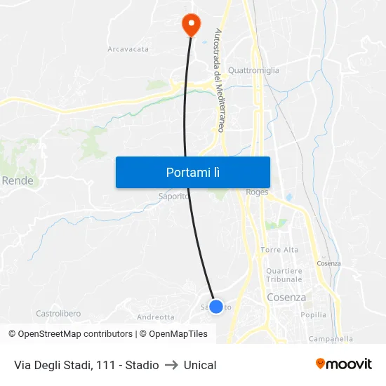 Via Degli Stadi, 111 - Stadio to Unical map