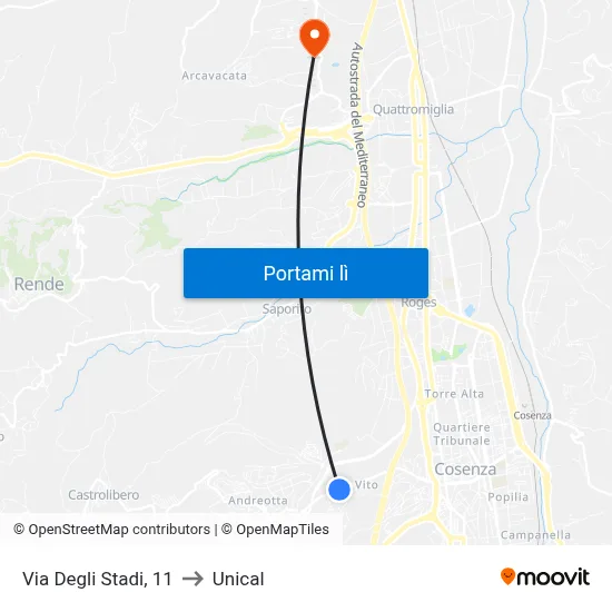 Via Degli Stadi, 11 to Unical map