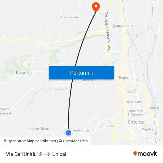 Via Dell'Unità,12 to Unical map