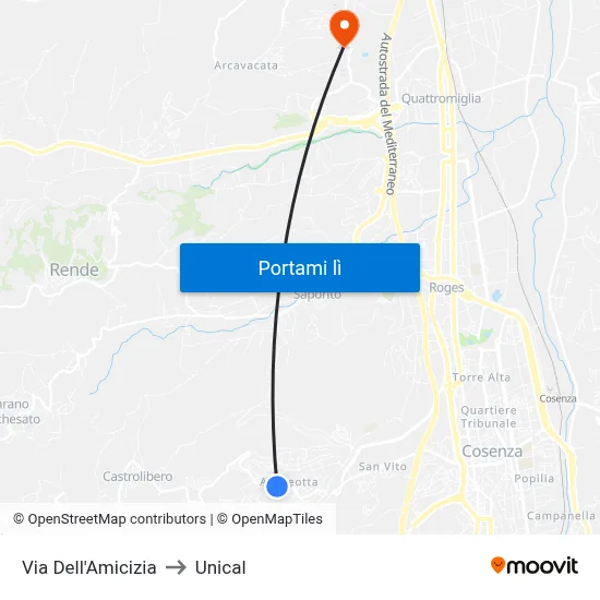 Via Dell'Amicizia to Unical map