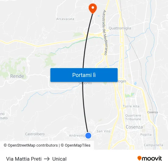 Via Mattia Preti to Unical map