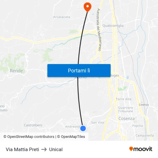 Via Mattia Preti to Unical map