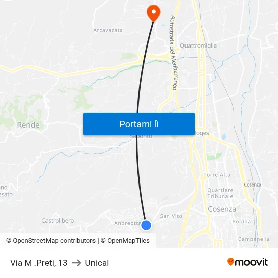 Via M .Preti, 13 to Unical map