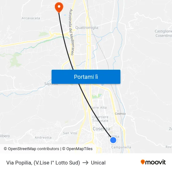 Via Popilia, (V.Lise I° Lotto Sud) to Unical map