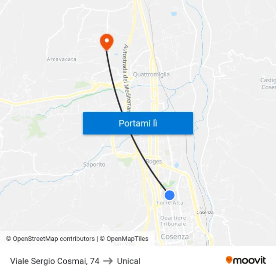Viale Sergio Cosmai, 74 to Unical map