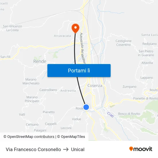 Via Francesco Corsonello to Unical map