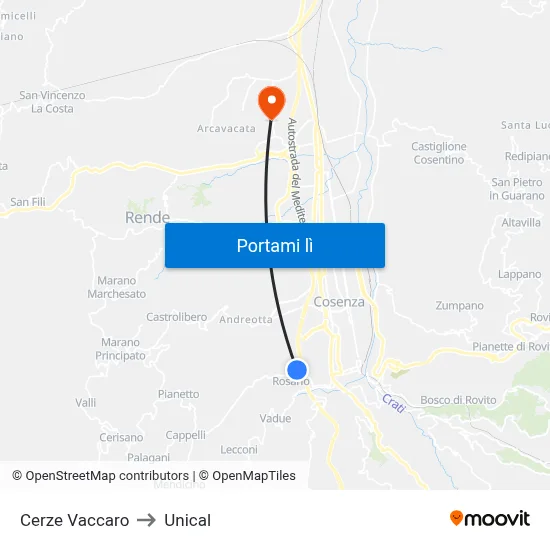 Cerze Vaccaro to Unical map