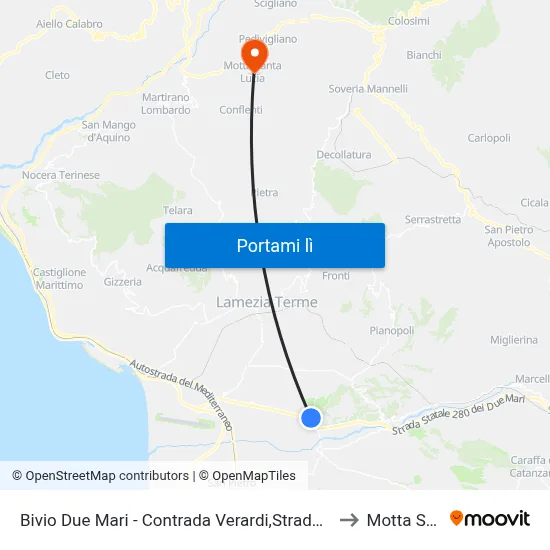 Bivio Due Mari - Contrada Verardi,Strada Provinciale 170/1 - Lamezia Terme to Motta Santa Lucia map