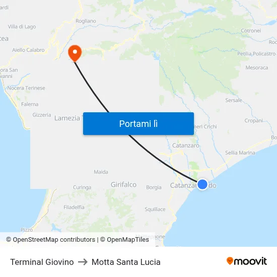 Terminal Giovino to Motta Santa Lucia map