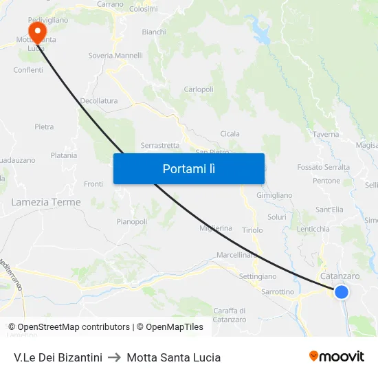 V.Le Dei Bizantini to Motta Santa Lucia map