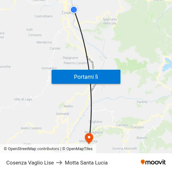 Cosenza Vaglio Lise to Motta Santa Lucia map