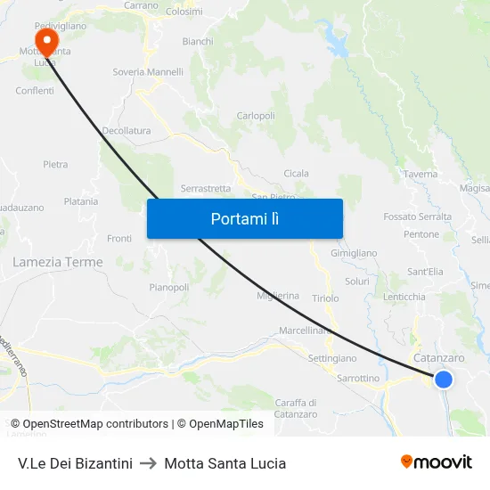 V.Le Dei Bizantini to Motta Santa Lucia map