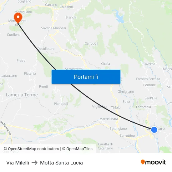 Via Milelli to Motta Santa Lucia map