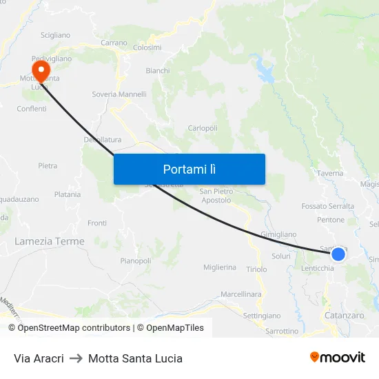 Via Aracri to Motta Santa Lucia map