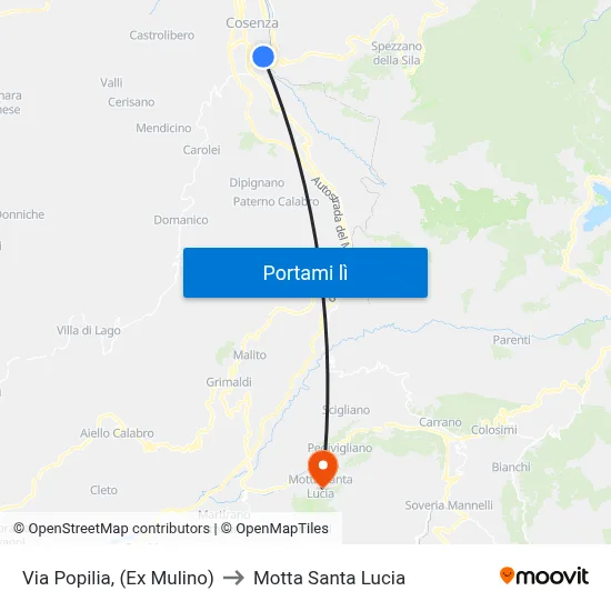 Via Popilia, (Ex Mulino) to Motta Santa Lucia map