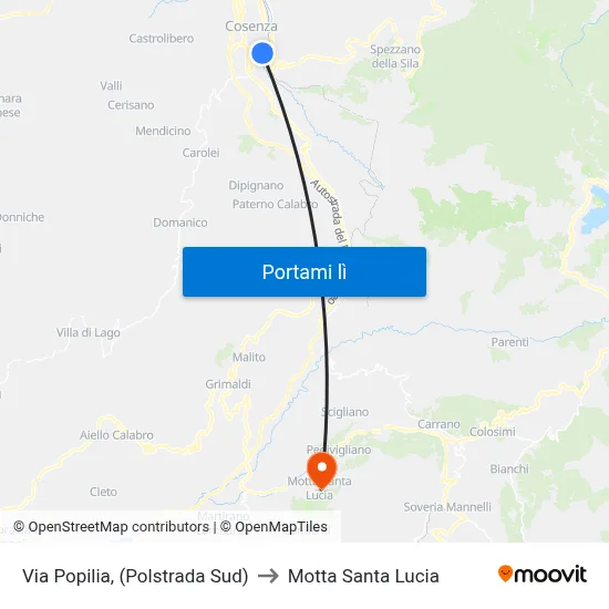 Via Popilia, (Polstrada Sud) to Motta Santa Lucia map