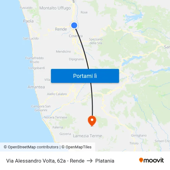 Via Alessandro Volta, 62a - Rende to Platania map