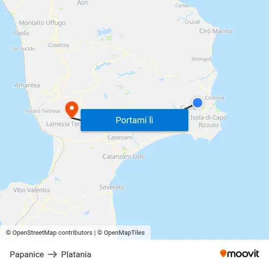 Papanice to Platania map