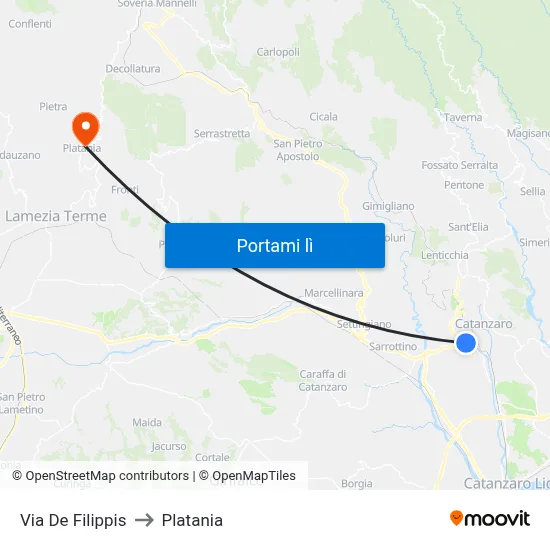 Via De Filippis to Platania map