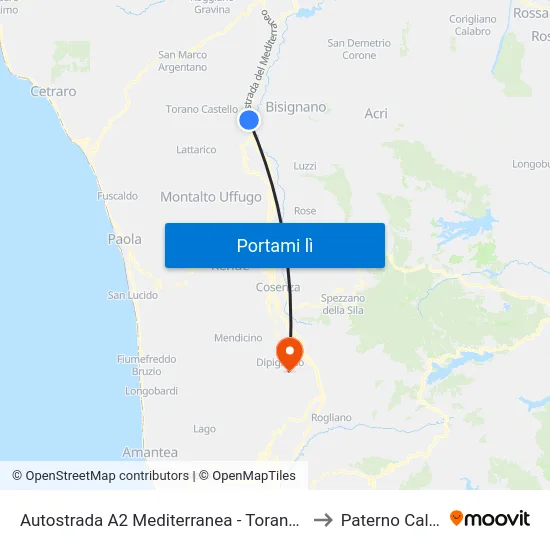 Autostrada A2 Mediterranea - Torano Castello to Paterno Calabro map