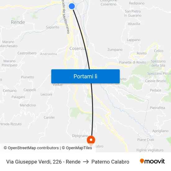 Via Giuseppe Verdi, 226 - Rende to Paterno Calabro map