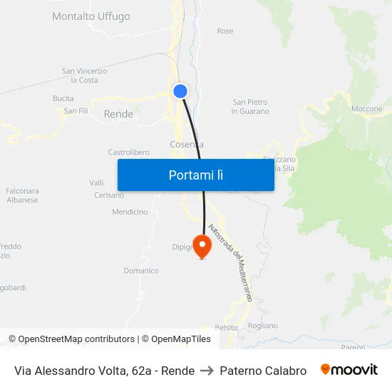 Via Alessandro Volta, 62a - Rende to Paterno Calabro map