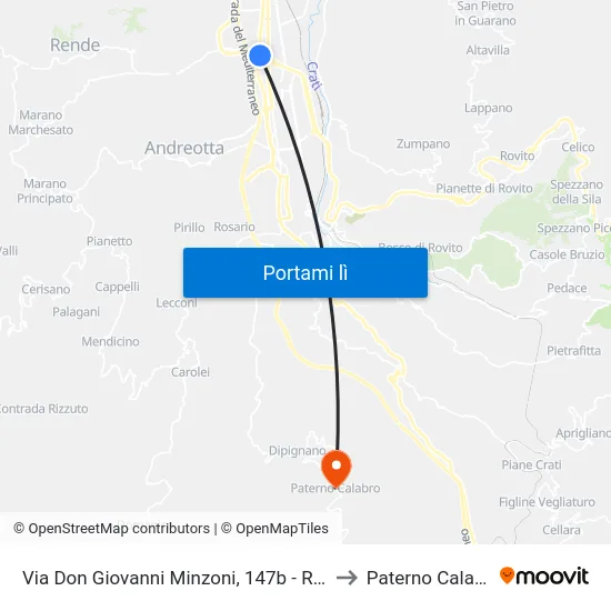 Via Don Giovanni Minzoni, 147b - Rende to Paterno Calabro map