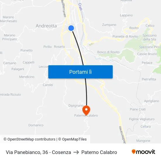 Via Panebianco, 36 - Cosenza to Paterno Calabro map