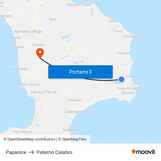 Papanice to Paterno Calabro map